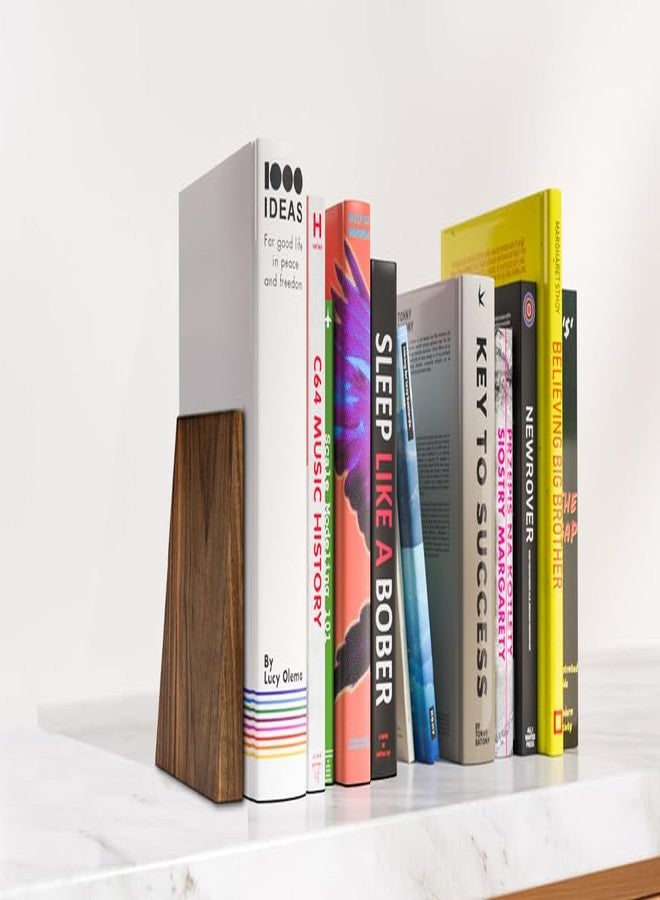 Luxdecor Walnut Book Ends Hold Heavy Books-7x6x5in Wood Bookends for Office Desk Non Skid, Decorative Walnut Bookend 2pack, Triangle Style - Image 2